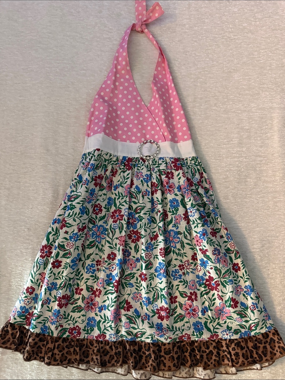 Girls Pink Polka Dot Halter Dress with Floral Skirt